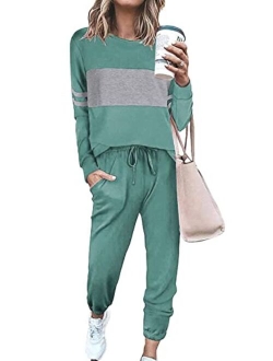 Women's Color Block 2 Piece Tracksuit Crewneck Long Sleeve Tops Long Sweatpants Outfits Lounge Sets