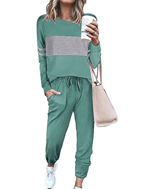 PRETTYGARDEN Women's Color Block 2 Piece Tracksuit Crewneck Long Sleeve Tops Long Sweatpants Outfits Lounge Sets