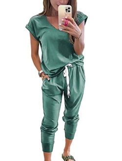 Women's Two Piece Tracksuit V Neck Short Sleeve Tops Long Pants With Drawstring Outfits Jogger Sets