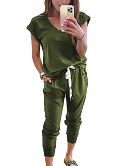 Women's Two Piece Tracksuit V Neck Short Sleeve Tops Long Pants With Drawstring Outfits Jogger Sets