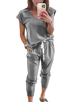 Women's Two Piece Tracksuit V Neck Short Sleeve Tops Long Pants With Drawstring Outfits Jogger Sets