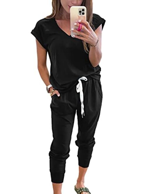 PRETTYGARDEN Women's Two Piece Tracksuit V Neck Short Sleeve Tops Long Pants With Drawstring Outfits Jogger Sets