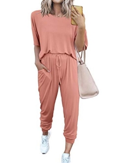 Womens Two Piece Outfit Short Sleeve Pullover With Drawstring Long Pants Tracksuit Jogger Set