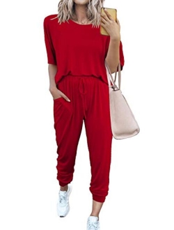 Womens Two Piece Outfit Short Sleeve Pullover With Drawstring Long Pants Tracksuit Jogger Set