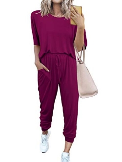 Womens Two Piece Outfit Short Sleeve Pullover With Drawstring Long Pants Tracksuit Jogger Set