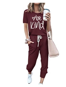 Womens Two Piece Outfit Short Sleeve Pullover With Drawstring Long Pants Tracksuit Jogger Set