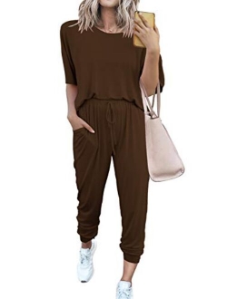 Womens Two Piece Outfit Short Sleeve Pullover With Drawstring Long Pants Tracksuit Jogger Set