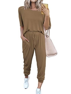 Womens Two Piece Outfit Short Sleeve Pullover With Drawstring Long Pants Tracksuit Jogger Set