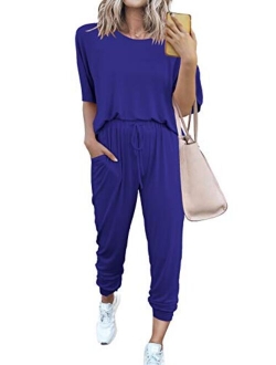 Womens Two Piece Outfit Short Sleeve Pullover With Drawstring Long Pants Tracksuit Jogger Set