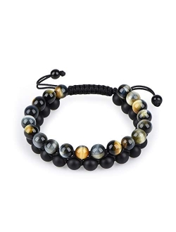 HASKARE Tiger Eye Stone Bracelet Men Women - Natural Energy Stone Essential Oil Lava Rock Black Onyx Tiger Eye Beads Bracelet Adjustable Couples