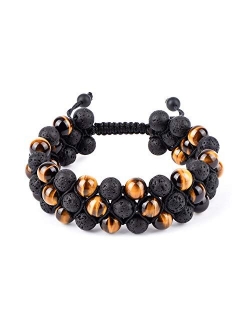 HASKARE Tiger Eye Stone Bracelet Men Women - Natural Energy Stone Essential Oil Lava Rock Black Onyx Tiger Eye Beads Bracelet Adjustable Couples