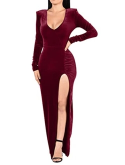 Kafiloe Sexy V Neck Velvet Dress For Women Long Sleeve Ruched Bodycon Side Slit Party Cocktail Dress 90s Retro Maxi Dress