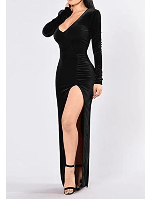 Kafiloe Sexy V Neck Velvet Dress For Women Long Sleeve Ruched Bodycon Side Slit Party Cocktail Dress 90s Retro Maxi Dress