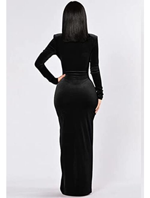 Kafiloe Sexy V Neck Velvet Dress For Women Long Sleeve Ruched Bodycon Side Slit Party Cocktail Dress 90s Retro Maxi Dress