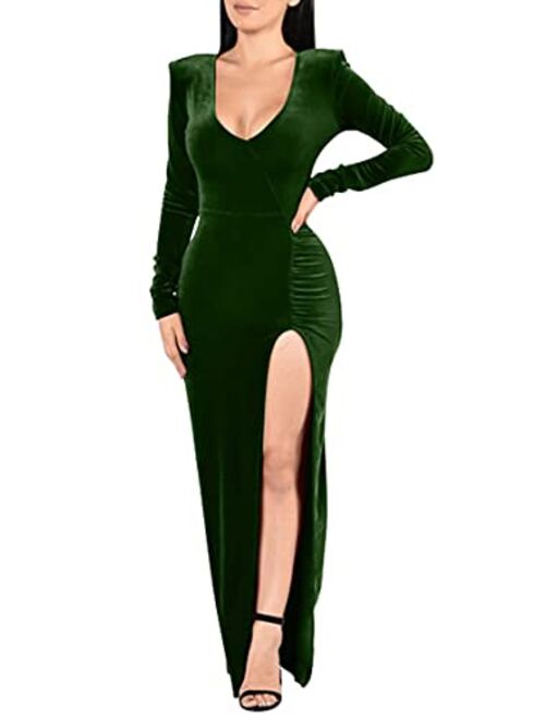 Kafiloe Sexy V Neck Velvet Dress For Women Long Sleeve Ruched Bodycon Side Slit Party Cocktail Dress 90s Retro Maxi Dress