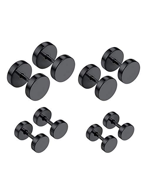 MODRSA Fake Gauges Earrings for Men Screw Flat Back Disc Stud Earrings Round Cheater Plugs Ear Tunnel Punk Style Dumbell Ear Piercing Black Silver 16g 6mm