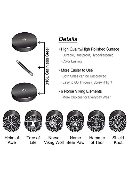 FLYUN 6Pairs Viking Earrings Men Viking Jewelry Fake Gauges Fake Plug Earrings Norse Earrings Mens Fake Gauge Earrings Viking Divination Earrings