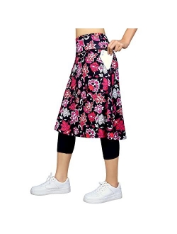 Women Long Knee Length Skirt with Capris Leggings,Skirted Leegings with High Waisted Zipper Pockets