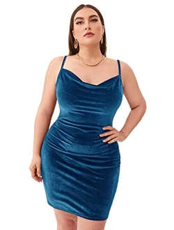 Women's Plus Size Sexy Spaghetti Strap Cowl Neck Velvet Mini Bodycon Dress