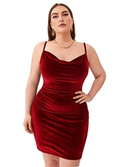 Women's Plus Size Sexy Spaghetti Strap Cowl Neck Velvet Mini Bodycon Dress