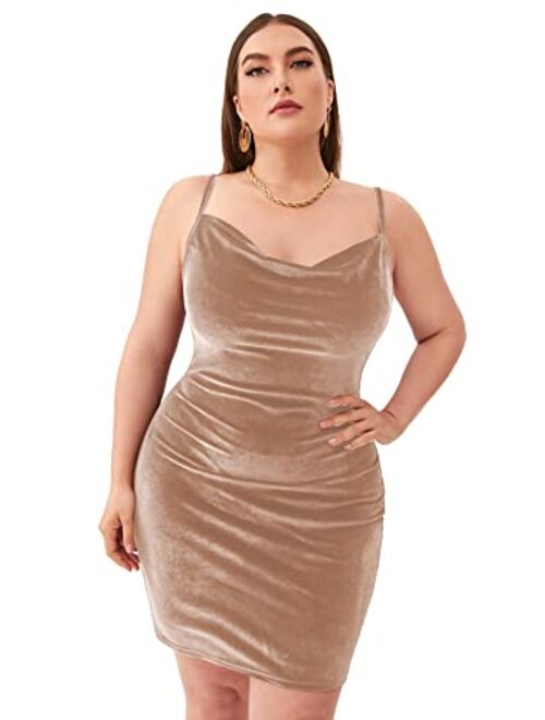 SOLY HUX Women's Plus Size Sexy Spaghetti Strap Cowl Neck Velvet Mini Bodycon Dress