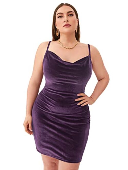 SOLY HUX Women's Plus Size Sexy Spaghetti Strap Cowl Neck Velvet Mini Bodycon Dress