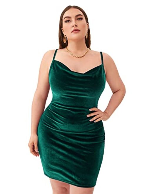 SOLY HUX Women's Plus Size Sexy Spaghetti Strap Cowl Neck Velvet Mini Bodycon Dress