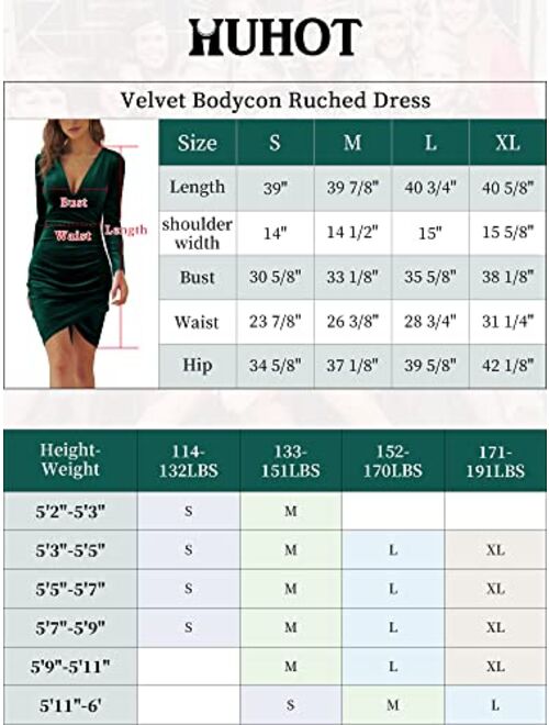 HUHOT Womens Sexy Deep V Neck Long Sleeve Hide Tummy Velvet Bodycon Ruched Mini Party Cocktail Dress