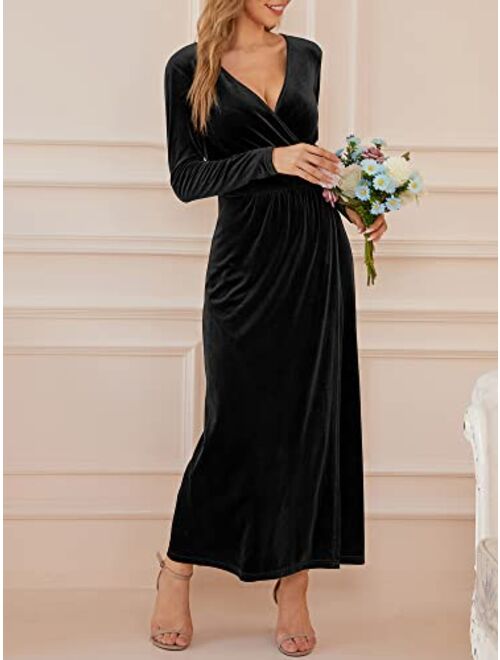 TORARY Womens Sexy Long Sleeve Deep V Neck Hide Tummy Wrap Wedding Guest Cocktail Ruched Party Velvet Maxi Dress