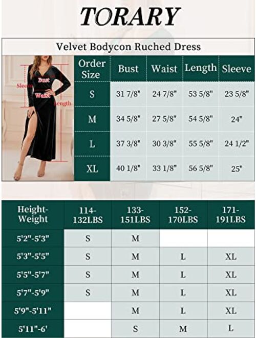 TORARY Womens Sexy Long Sleeve Deep V Neck Hide Tummy Wrap Wedding Guest Cocktail Ruched Party Velvet Maxi Dress