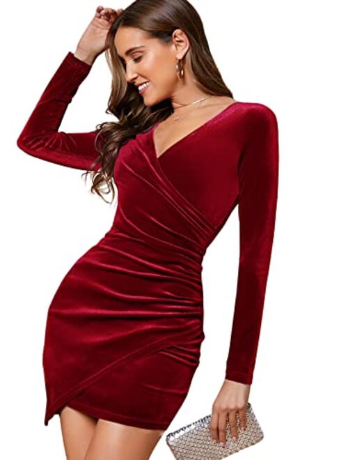 SheIn Women's Long Sleeve Wrap Velvet Bodycon Dress Asymmetrical Hem Party Dress