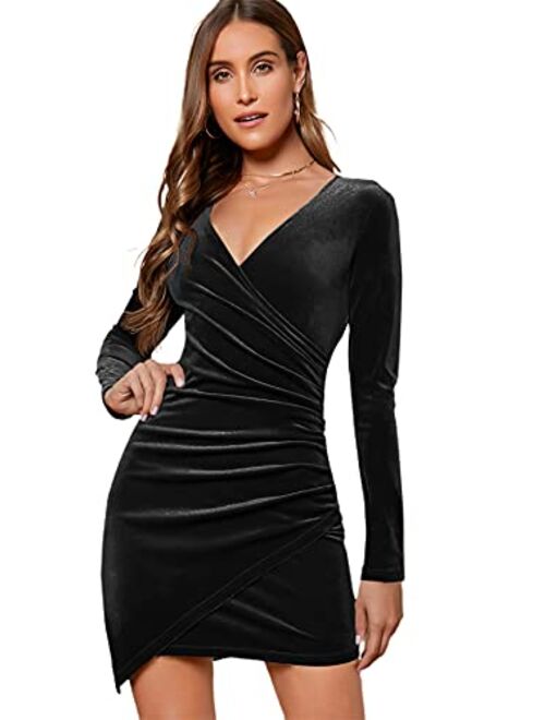 SheIn Women's Long Sleeve Wrap Velvet Bodycon Dress Asymmetrical Hem Party Dress