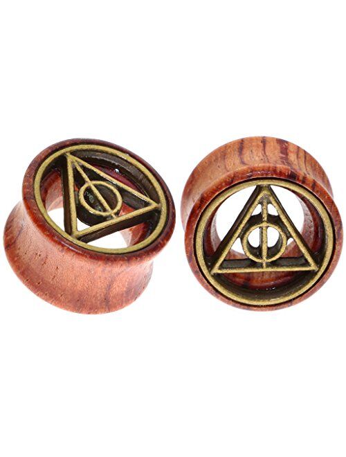 Oasis Plus Deathly Hallows Organic Wood Flesh Tunnels Double Flared Ear Stretcher Saddle Plugs Gauge 8mm - 20mm