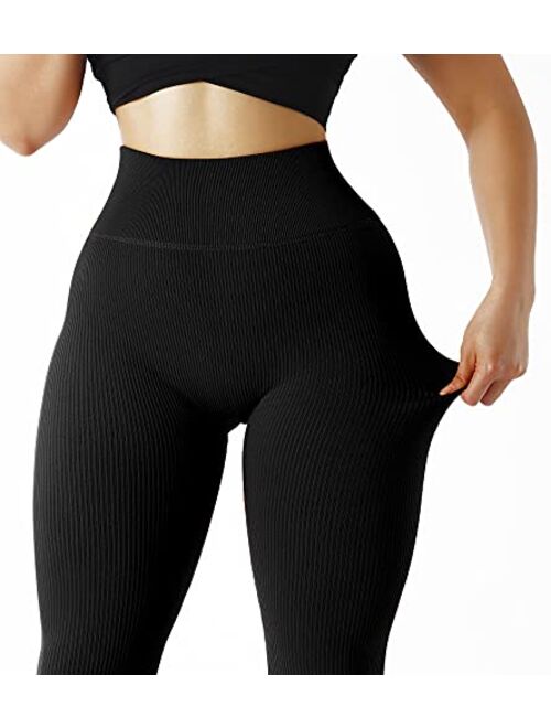 MOSHENGQI Womens High Waisted Seamless Ribbed Leggings Soft Slimming Yoga Pants