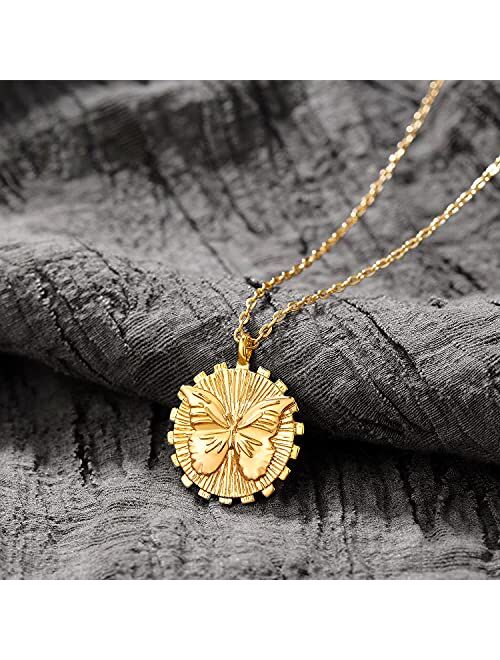 MEVECCO Carved Gold Coin Pendant Necklace for Women Girls Men,18K Gold Plated Dainty Minimalist Necklace for Women