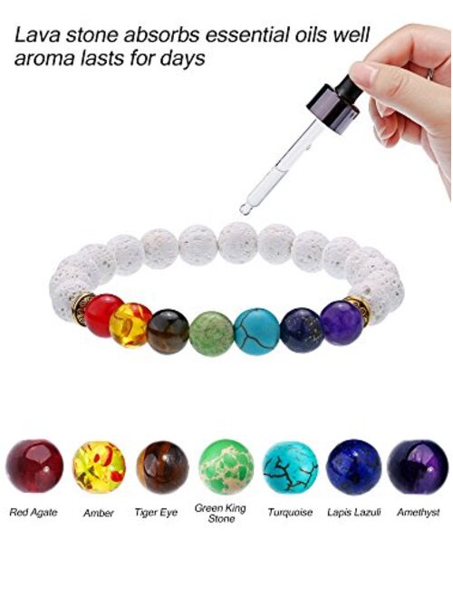 Bememo 4 Pieces Lava Stone Bracelets 7 Colors Chakra Beads, Aromatherapy Bracelets Bangles for Essential Oils (Style Set 3)