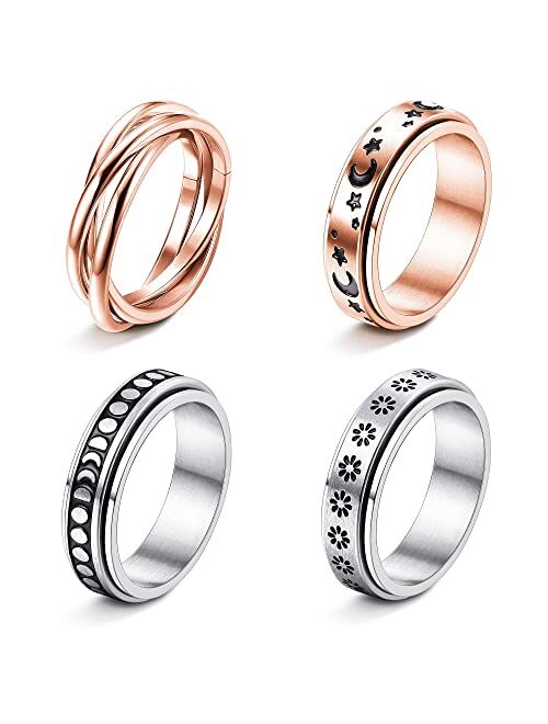 FUNRUN JEWELRY 4 -6Pcs Stainless Steel Spinner Ring for Women Mens Fidget Band Rings Moon Star Celtic Stress Relieving Wide Wedding Promise Rings Set