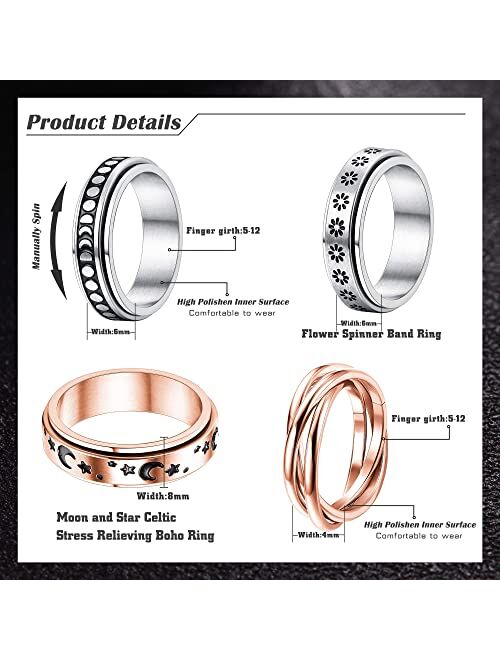 FUNRUN JEWELRY 4 -6Pcs Stainless Steel Spinner Ring for Women Mens Fidget Band Rings Moon Star Celtic Stress Relieving Wide Wedding Promise Rings Set