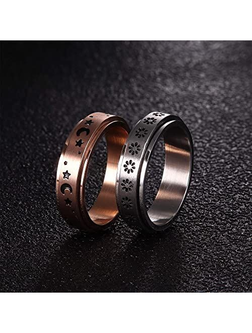 FUNRUN JEWELRY 4 -6Pcs Stainless Steel Spinner Ring for Women Mens Fidget Band Rings Moon Star Celtic Stress Relieving Wide Wedding Promise Rings Set