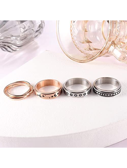 FUNRUN JEWELRY 4 -6Pcs Stainless Steel Spinner Ring for Women Mens Fidget Band Rings Moon Star Celtic Stress Relieving Wide Wedding Promise Rings Set