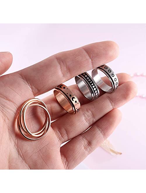 FUNRUN JEWELRY 4 -6Pcs Stainless Steel Spinner Ring for Women Mens Fidget Band Rings Moon Star Celtic Stress Relieving Wide Wedding Promise Rings Set