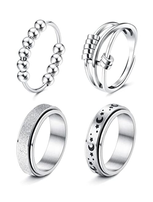 FUNRUN JEWELRY 4 -6Pcs Stainless Steel Spinner Ring for Women Mens Fidget Band Rings Moon Star Celtic Stress Relieving Wide Wedding Promise Rings Set