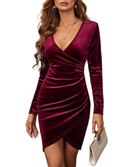 JECEIKA Velvet Valentines Day Dress for Women Wrap V Neck Long Sleeve Ruched Midi Dresses for Cocktail Evening Party