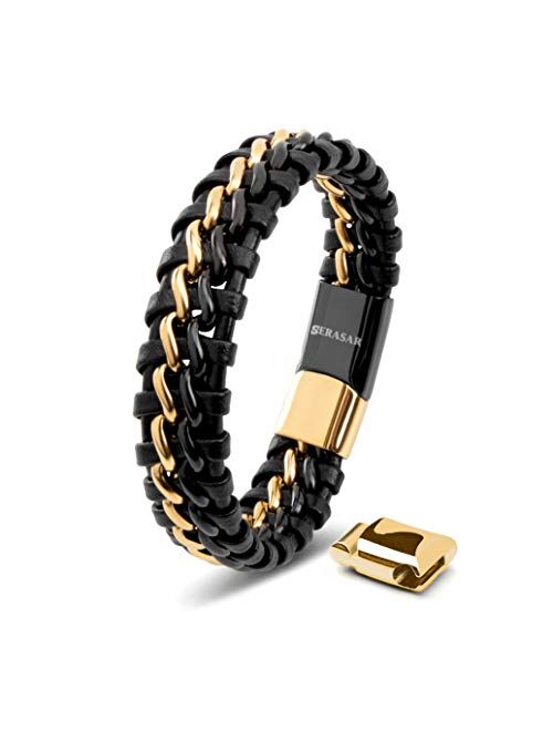 SERASAR | Premium Genuine Leather Bracelet [Steel] for Men in Black | Magnetic Stainless Steel Clasp in Black, Silver and Gold | Exclusive Jewelry Box | Great Gift Idea