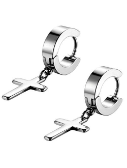 Flongo Men's Womens Vintage Stainless Steel Cross Dangle Hoop Earrings, Hinged Huggie Cross Ring Gauges Drop Earrings for Boys Girls