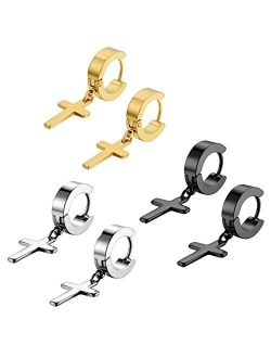 Flongo Men's Womens Vintage Stainless Steel Cross Dangle Hoop Earrings, Hinged Huggie Cross Ring Gauges Drop Earrings for Boys Girls