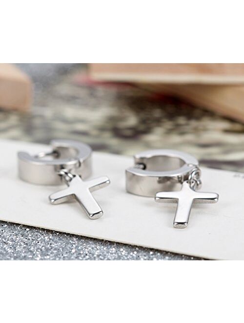 Flongo Men's Womens Vintage Stainless Steel Cross Dangle Hoop Earrings, Hinged Huggie Cross Ring Gauges Drop Earrings for Boys Girls