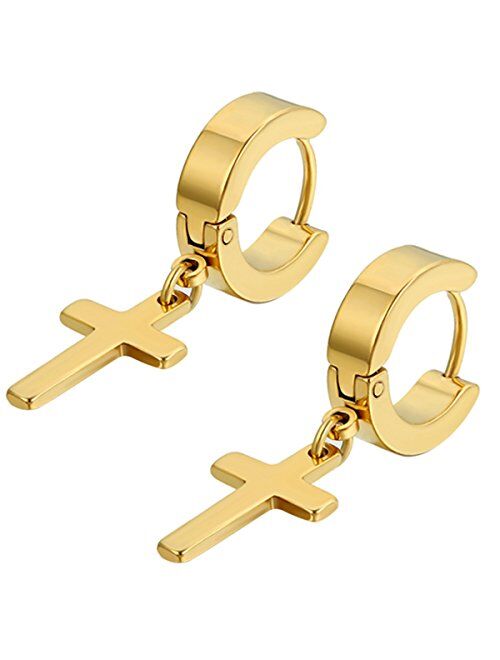 Flongo Men's Womens Vintage Stainless Steel Cross Dangle Hoop Earrings, Hinged Huggie Cross Ring Gauges Drop Earrings for Boys Girls