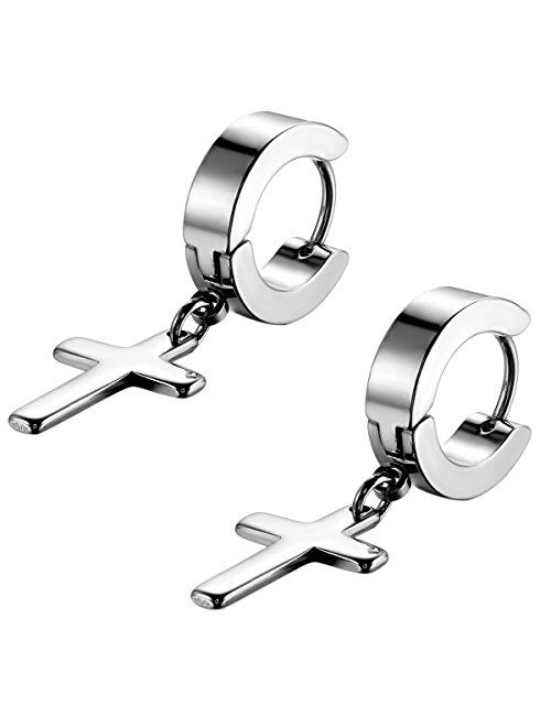 Flongo Men's Womens Vintage Stainless Steel Cross Dangle Hoop Earrings, Hinged Huggie Cross Ring Gauges Drop Earrings for Boys Girls