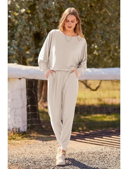 Women's 2 Piece Sweatsuit Solid Color Long Sleeve Pullover Long Pants Tracksuit